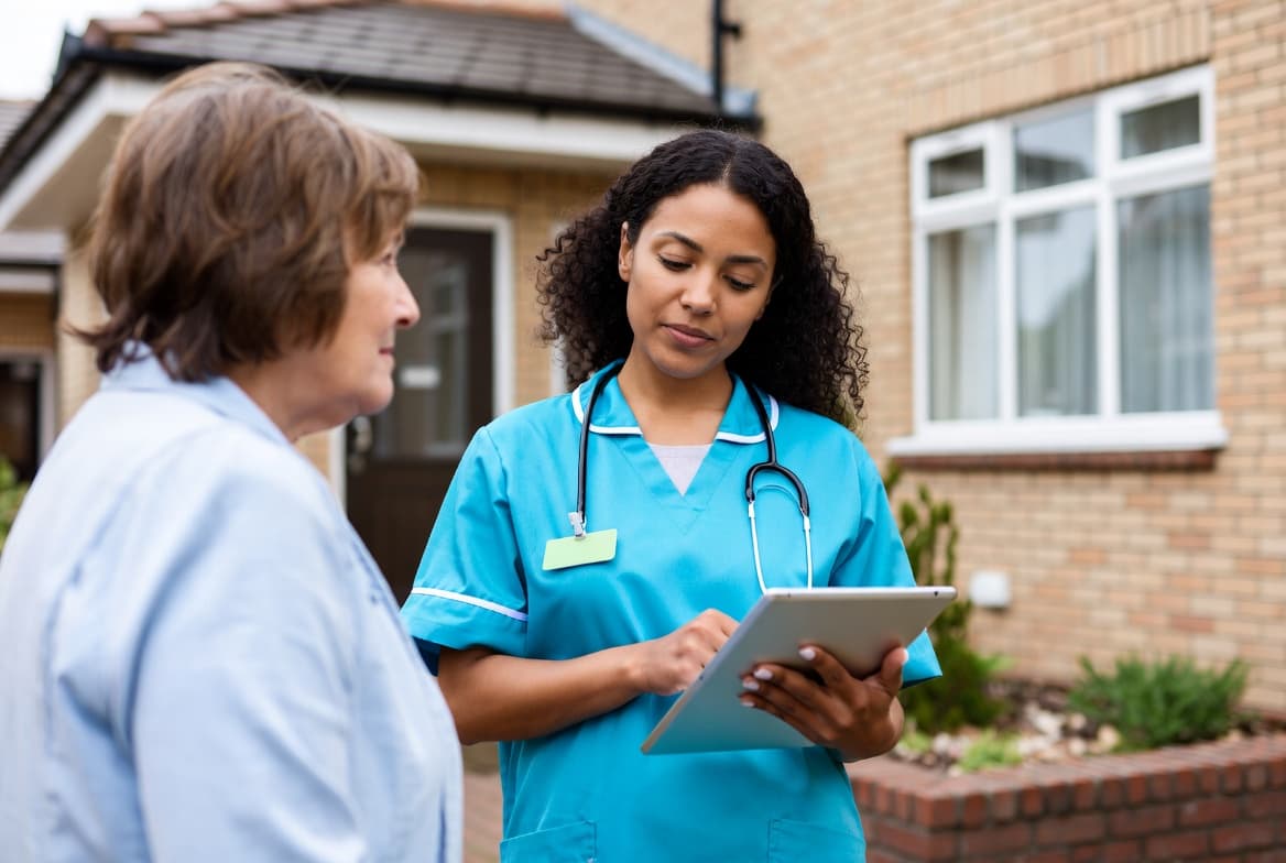 A home-care caregiver checking a tablet at a client visit, in a residential setting — the kind of rural location where signal is unreliable.